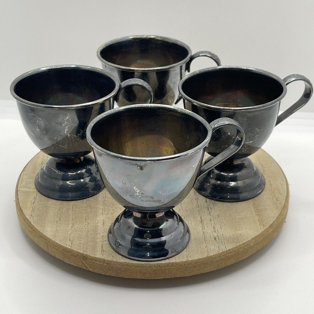 VTG EP Nickel Silver Set of 4 Footed Tea Cups Made in Japan, Tarnished